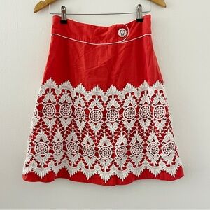 Anthropologie Floreat Walled City Orange Red White Lace Overlay Skirt